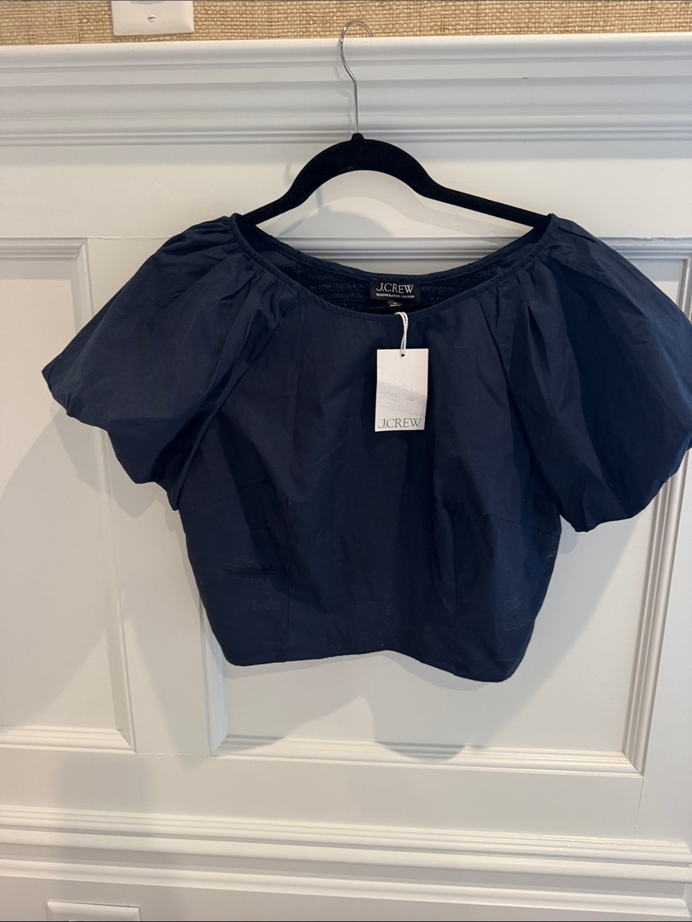 J. Crew Navy Puff-Sleeve Crop Top